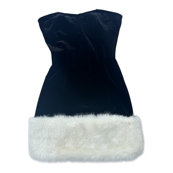 Size 1 Black Velvet Velour White Fur Strapless Mini Dress Johnny Wujek NEW Tags - Picture 1 of 10